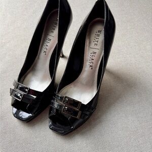 White House Black Market Black Patent Peep Toe Heels